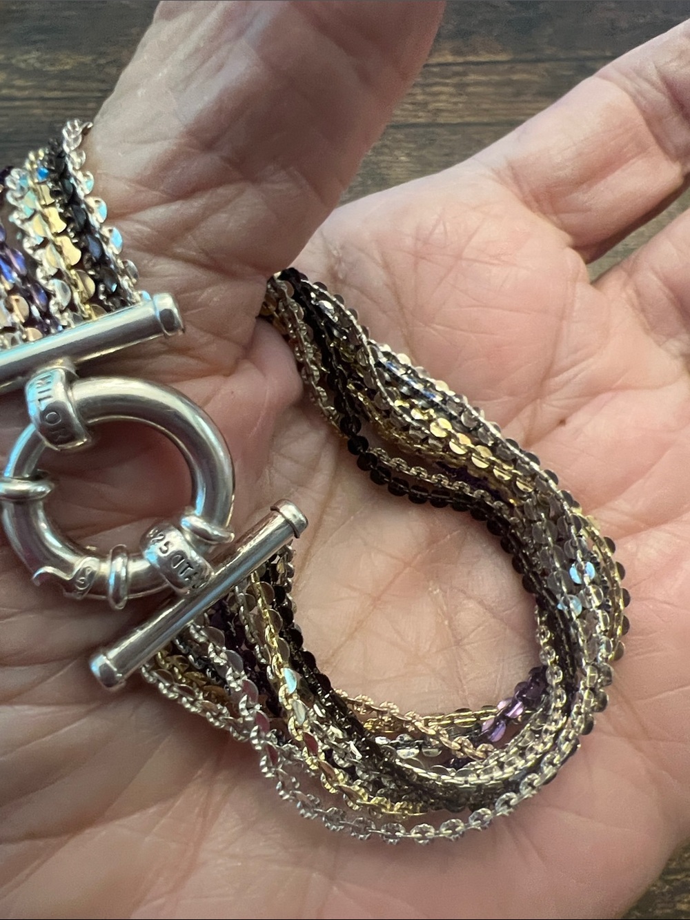 Multi-Row sterling silver Chain Wrap Bracelet in Silver, Gold and Purple